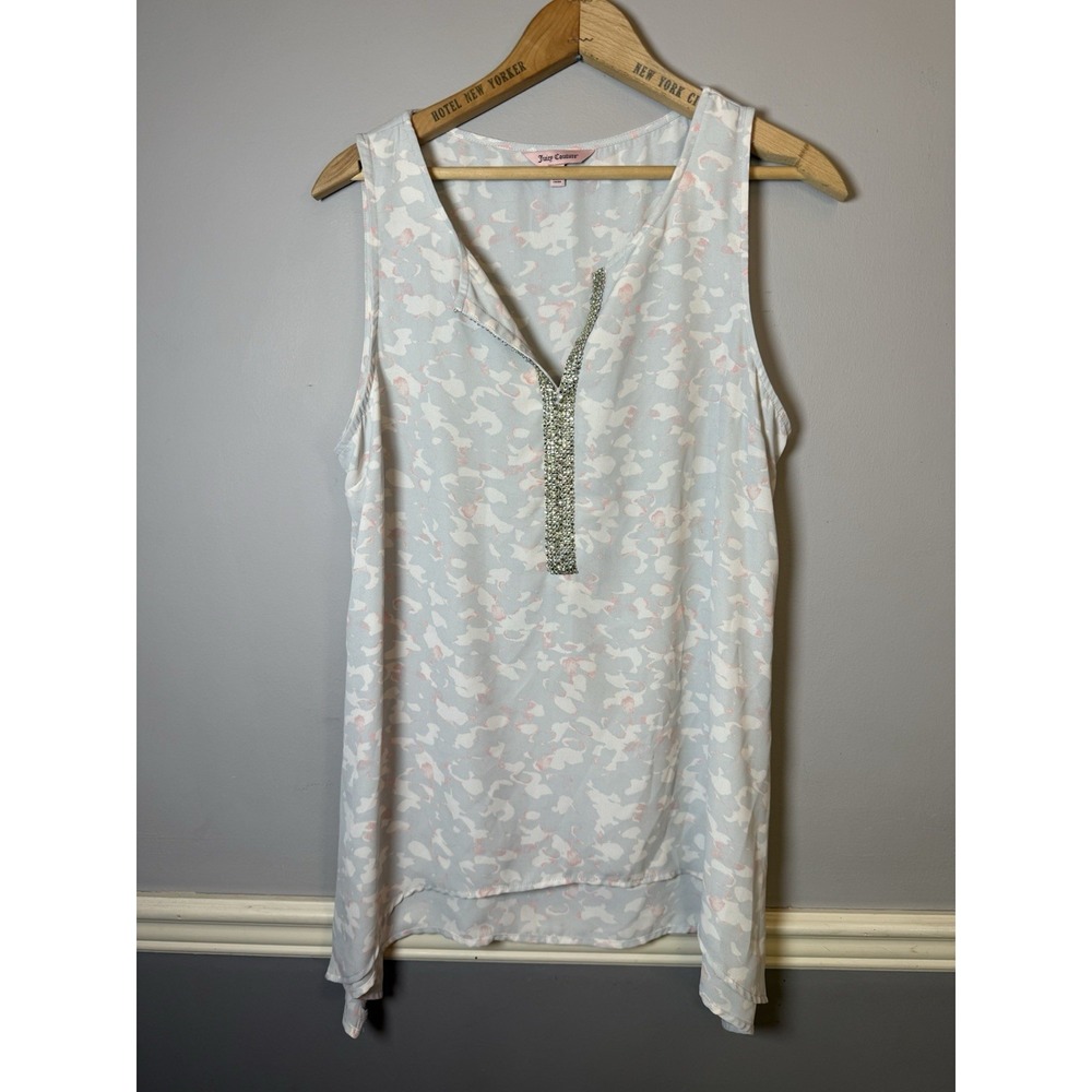 Juicy Couture Blouse Sleeveless Sz Large‎ rhinestone trim pink and gray